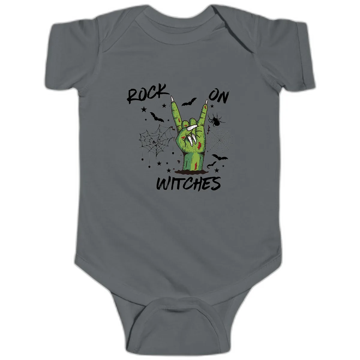 Rock On Zombie Hand Halloween Baby Onesie in Charcoal