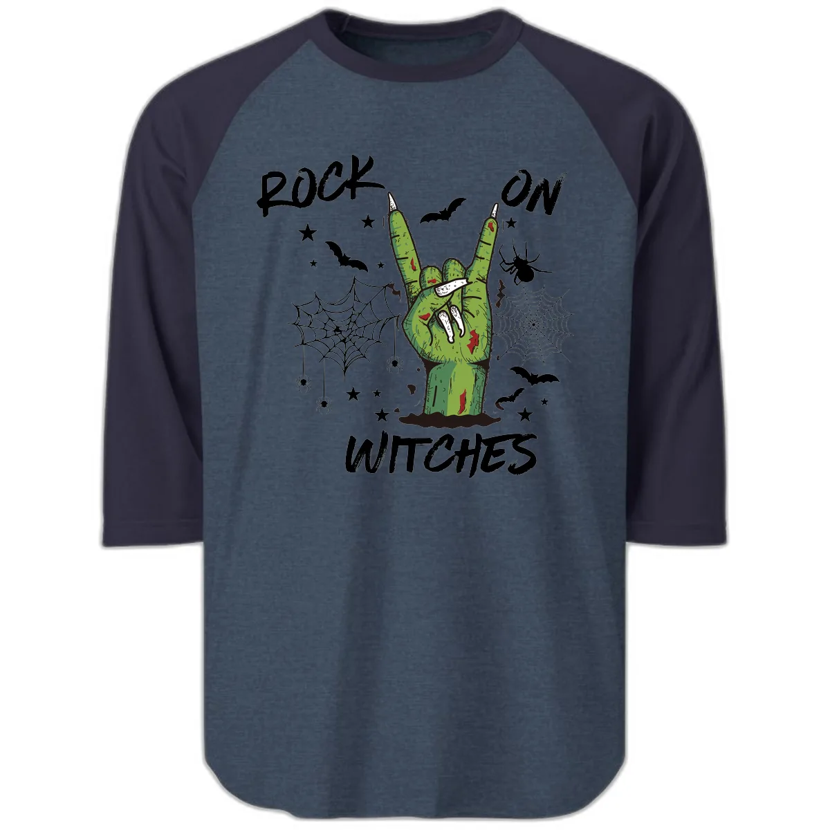 Rock On Zombie Hand Halloween Raglan 3/4 in Heather Denim Navy
