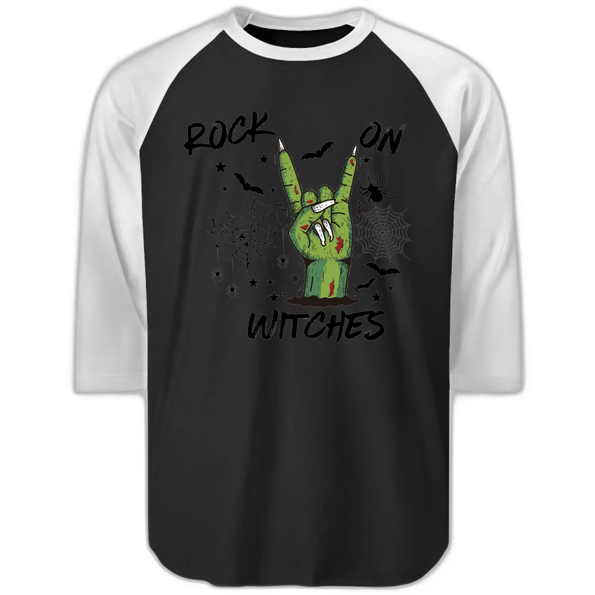 Rock On Zombie Hand Halloween Raglan 3/4 in Black White