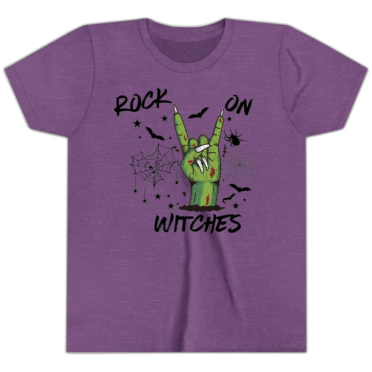Rock On Zombie Hand Halloween Youth T-Shirt in Heather Team Purple
