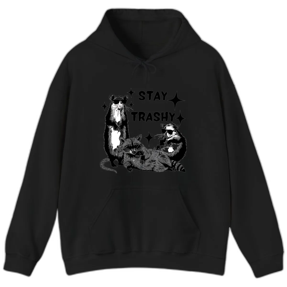 Stay Trashy Raccoon Gang Design Hoodie in Black