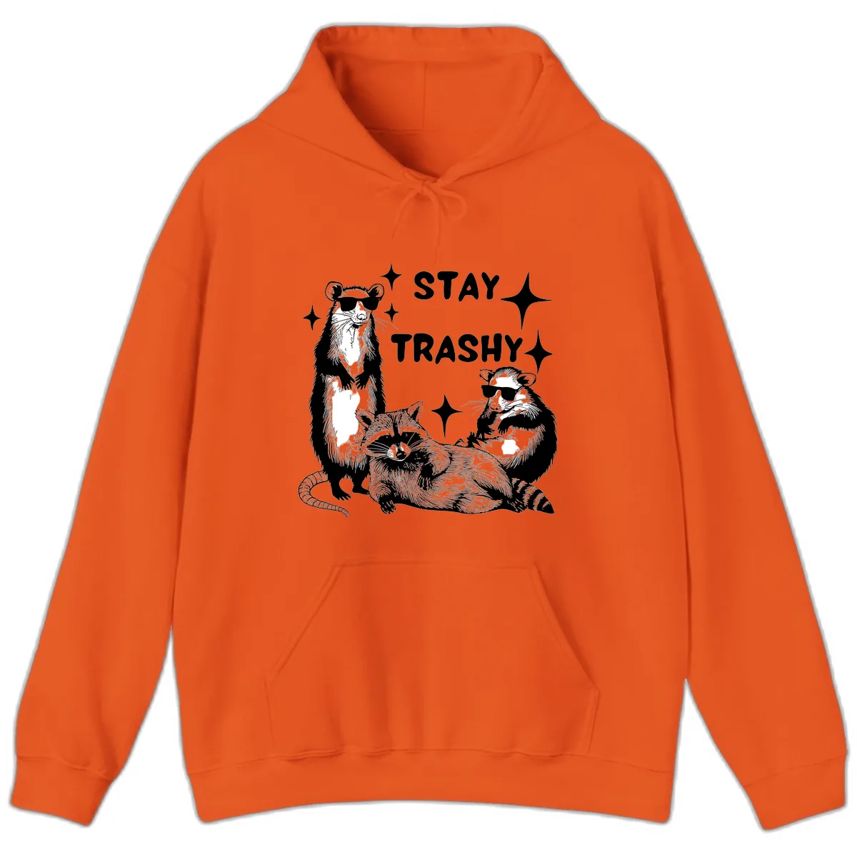 Stay Trashy Raccoon Gang Design Hoodie in Orange