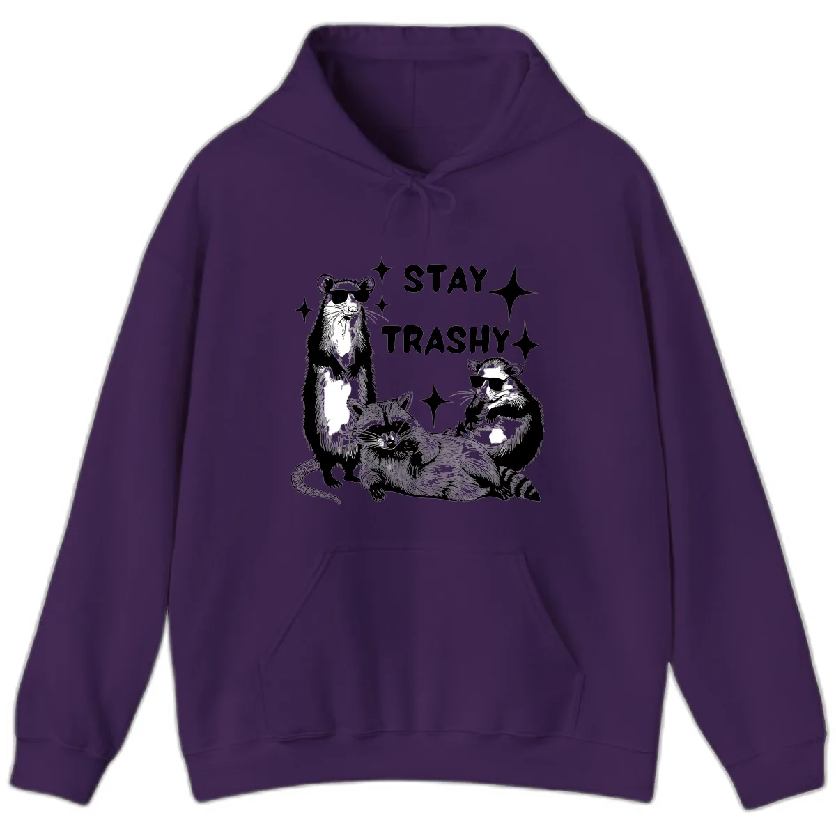 Stay Trashy Raccoon Gang Design Hoodie in Purple