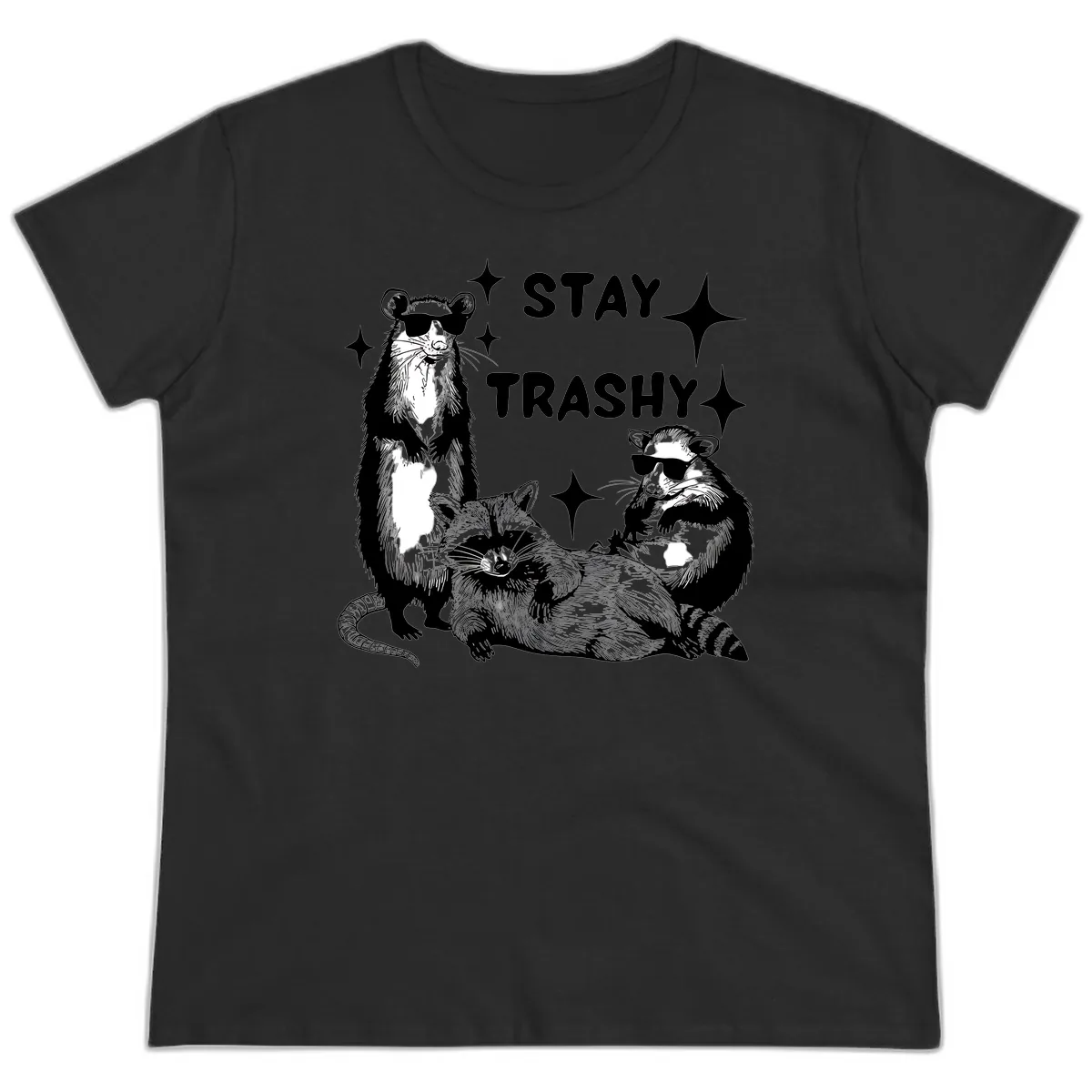 Stay Trashy Raccoon Gang Design Ladies Tee in Black