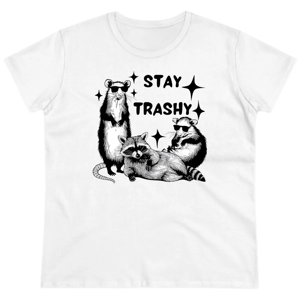 Stay Trashy Raccoon Gang Design Ladies Tee in White