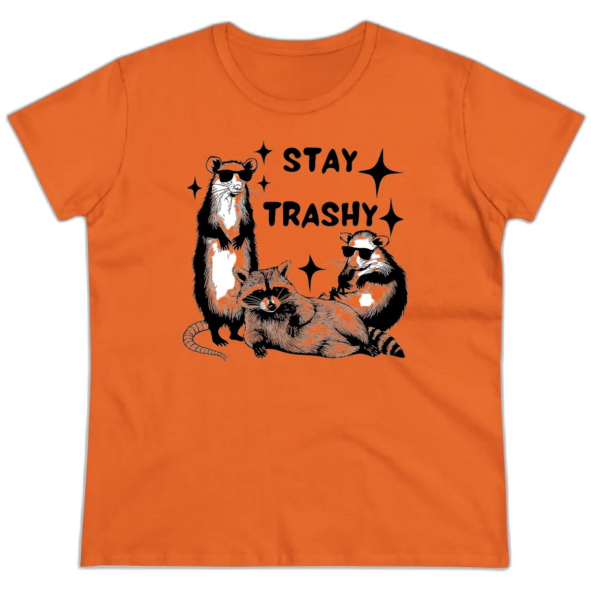 Stay Trashy Raccoon Gang Design Ladies Tee in Orange