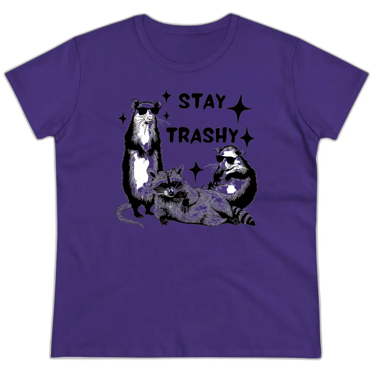Stay Trashy Raccoon Gang Design Ladies Tee in Purple