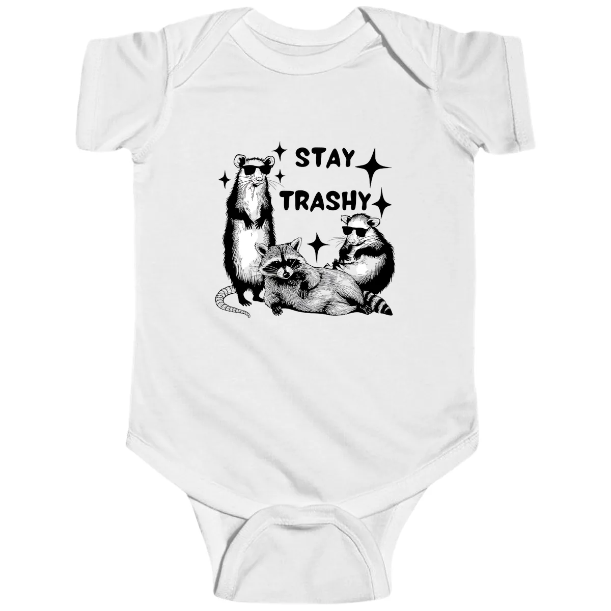 Stay Trashy Raccoon Gang Design Baby Onesie in White