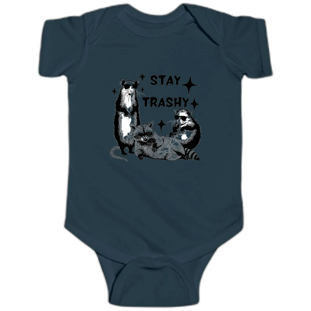 Stay Trashy Raccoon Gang Design Baby Onesie in Navy