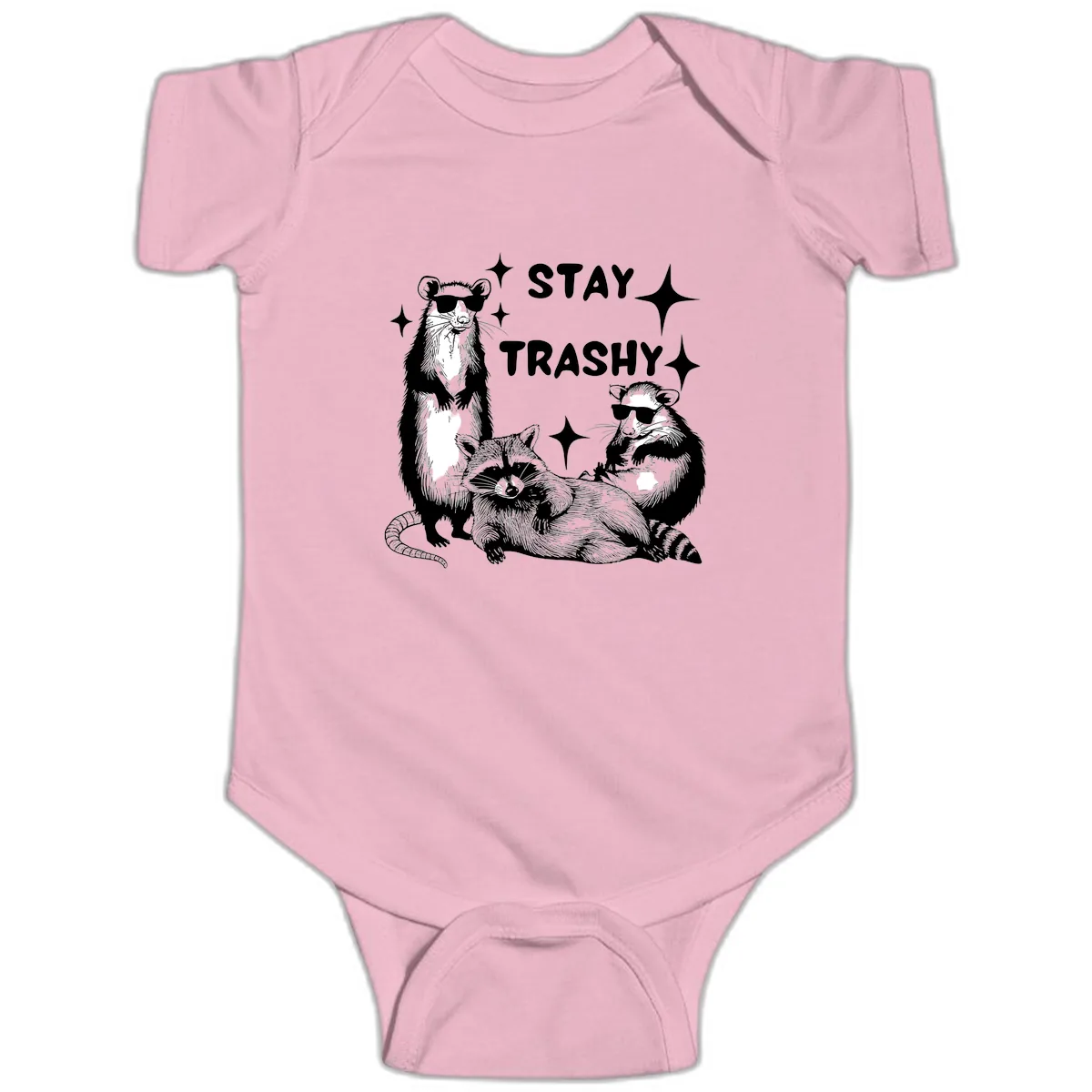 Stay Trashy Raccoon Gang Design Baby Onesie in Pink