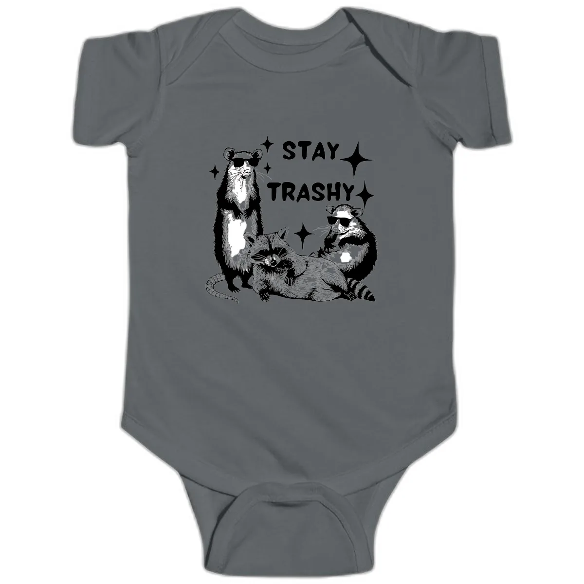 Stay Trashy Raccoon Gang Design Baby Onesie in Charcoal