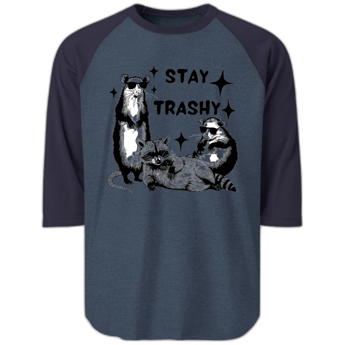 Stay Trashy Raccoon Gang Design Raglan 3/4 in Heather Denim Navy