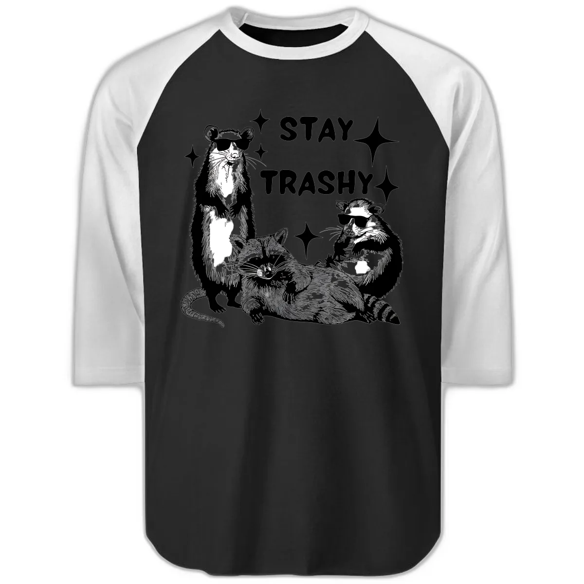 Stay Trashy Raccoon Gang Design Raglan 3/4 in Black White