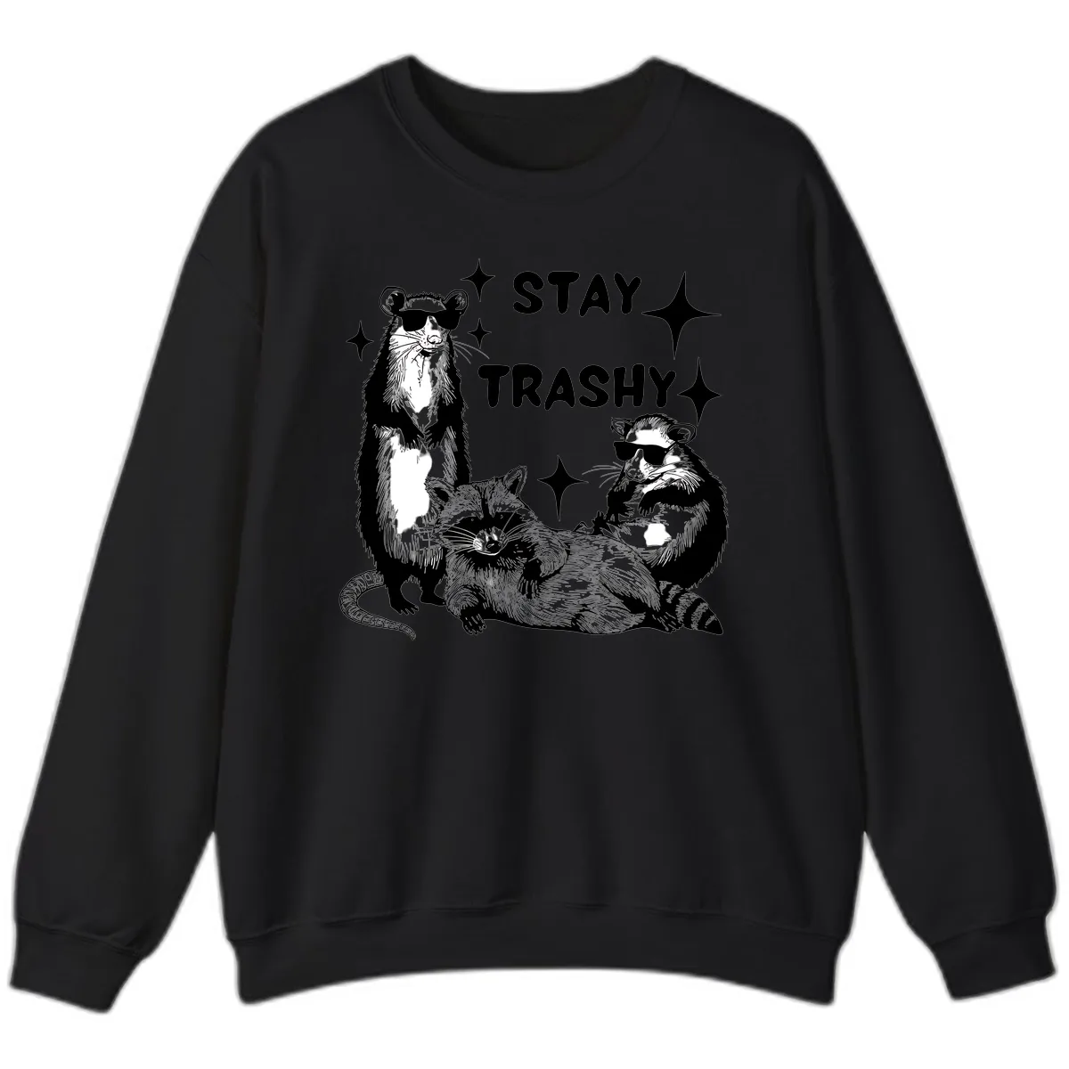 Stay Trashy Raccoon Gang Design Sweatshirt in Black