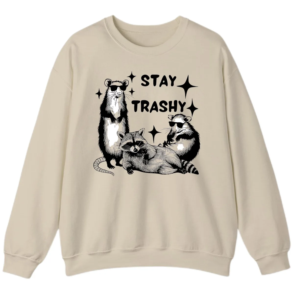 Stay Trashy Raccoon Gang Design Sweatshirt in Sand