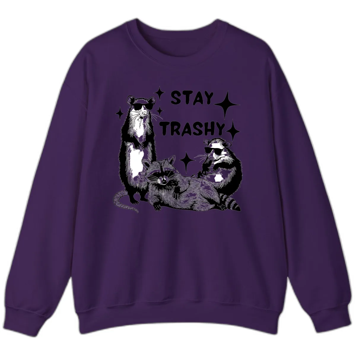 Stay Trashy Raccoon Gang Design Sweatshirt in Purple