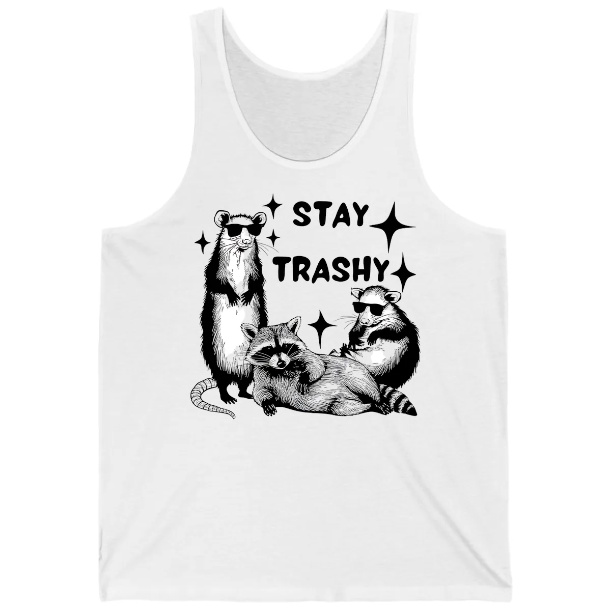 Stay Trashy Raccoon Gang Design Tank in White