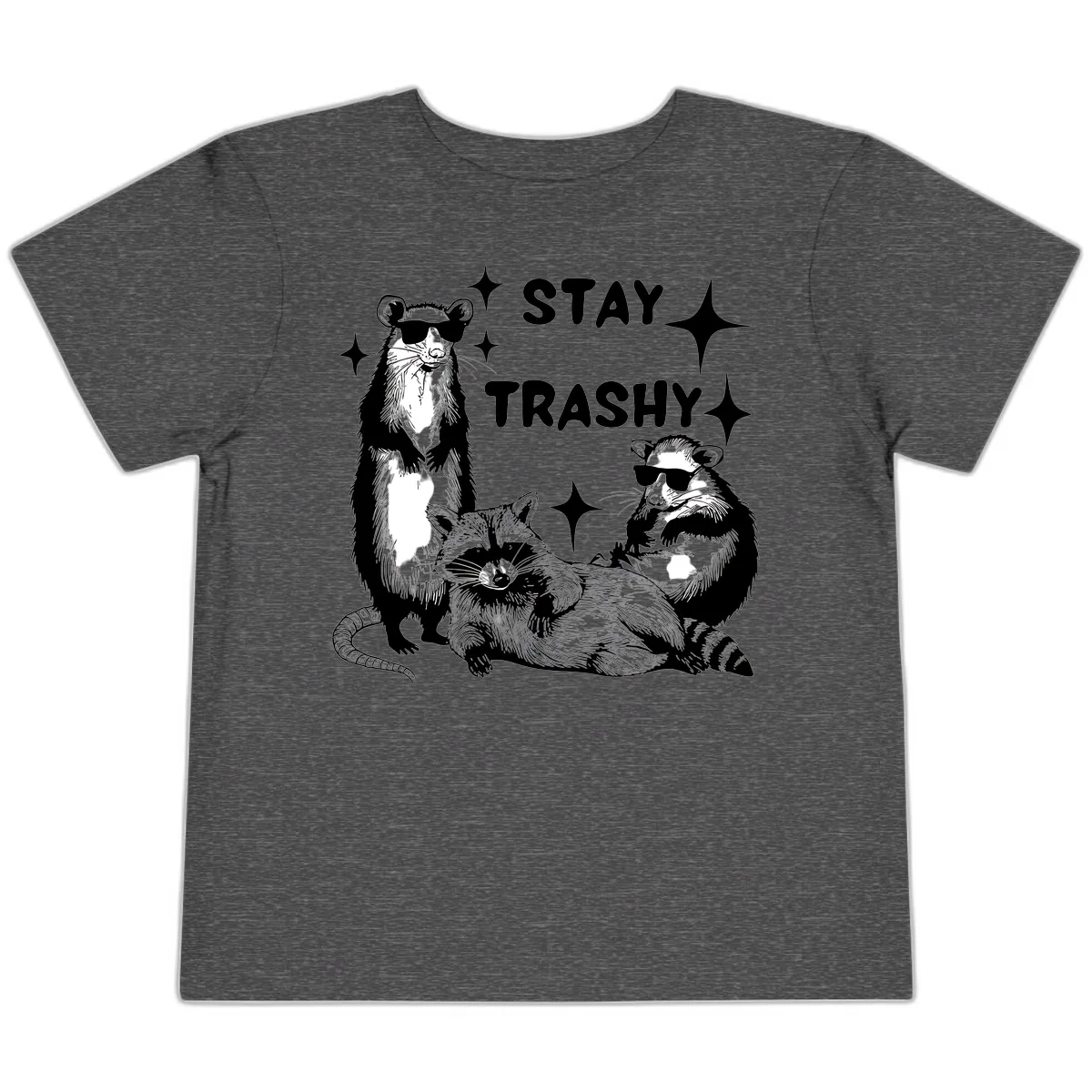 Stay Trashy Raccoon Gang Design Toddler T-Shirt in Dark Heather Grey