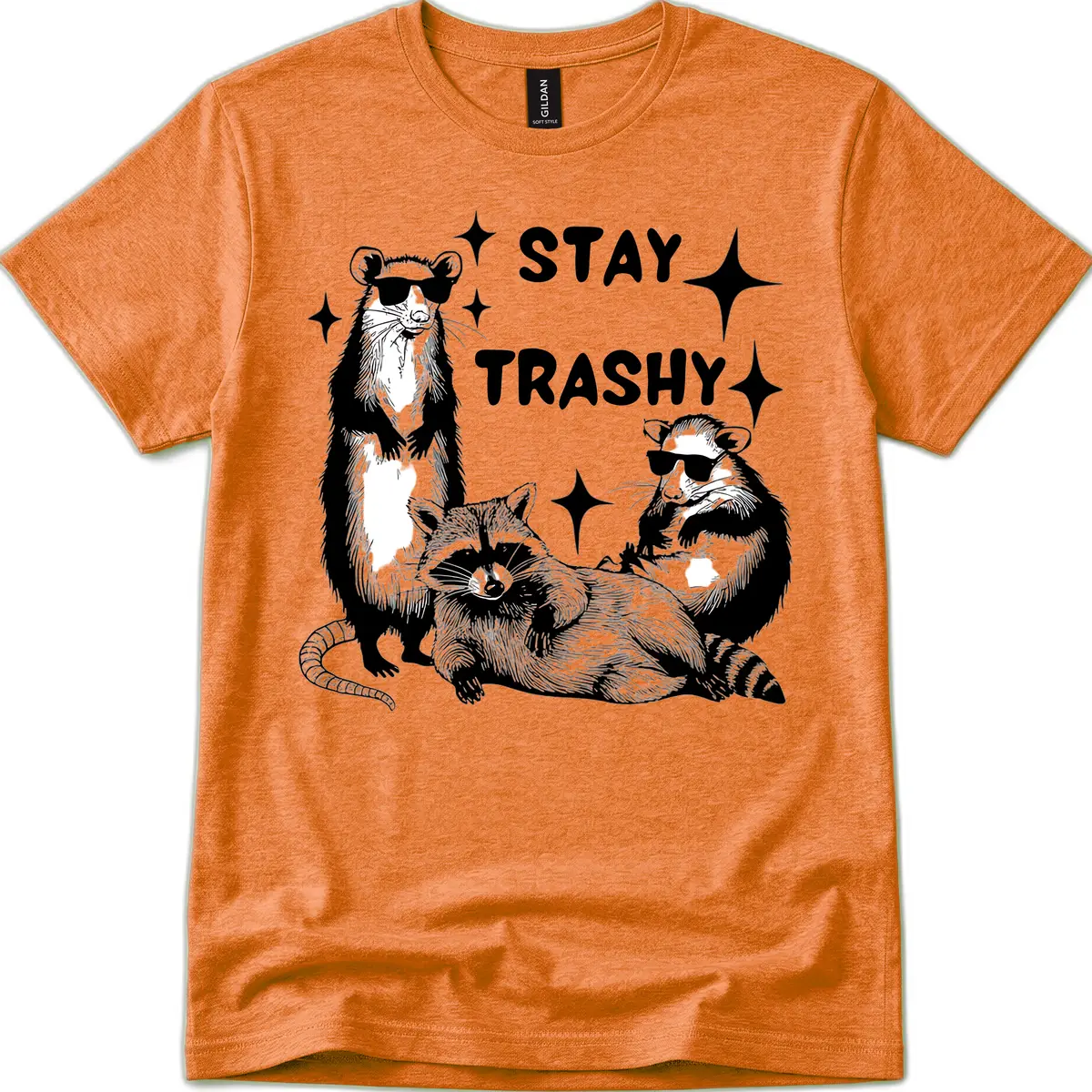 Stay Trashy Raccoon Gang Design T-Shirt in Heather Orange