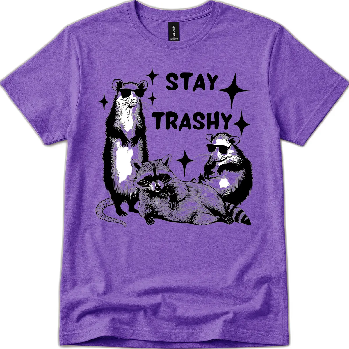 Stay Trashy Raccoon Gang Design T-Shirt in Heather Purple