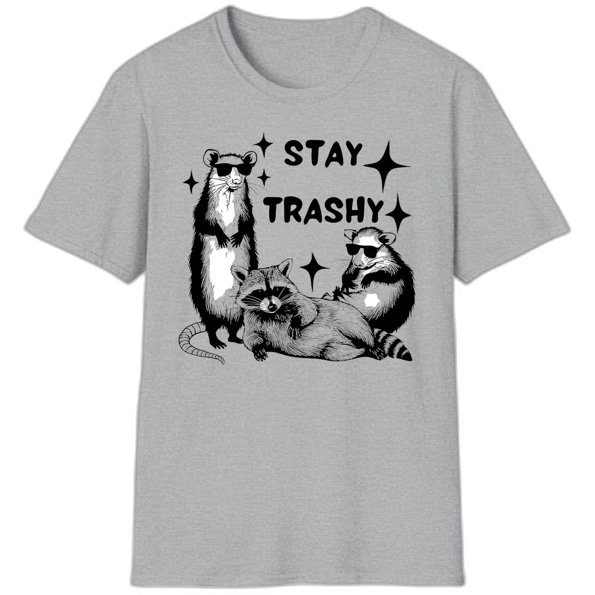Stay Trashy Raccoon Gang Design T-Shirt in Sport Grey