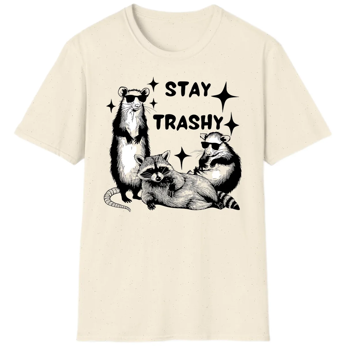 Stay Trashy Raccoon Gang Design T-Shirt in Natural