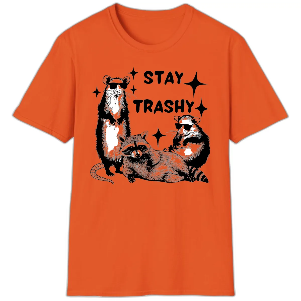 Stay Trashy Raccoon Gang Design T-Shirt in Orange