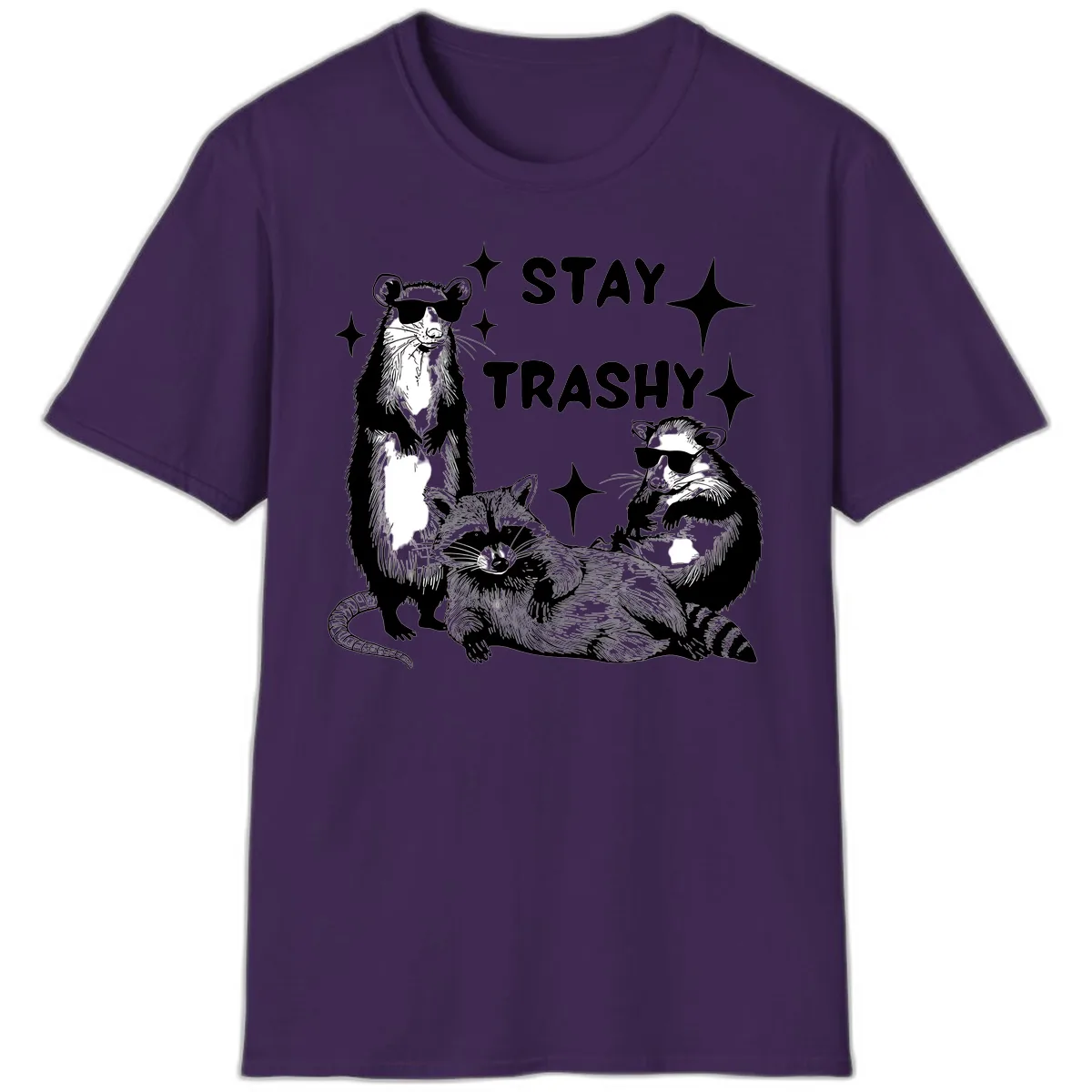 Stay Trashy Raccoon Gang Design T-Shirt in Purple