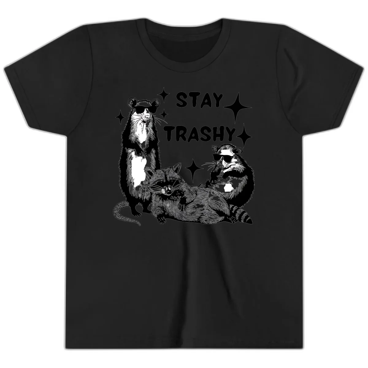 Stay Trashy Raccoon Gang Design Youth T-Shirt in Black
