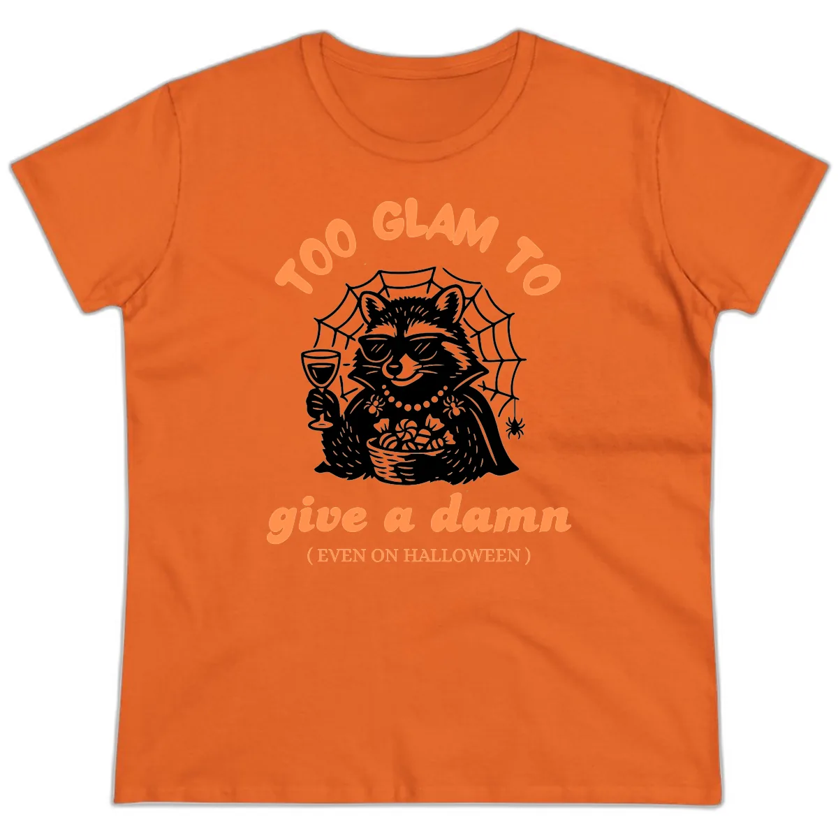 Glam Raccoon Halloween Shirt Ladies Tee in Orange
