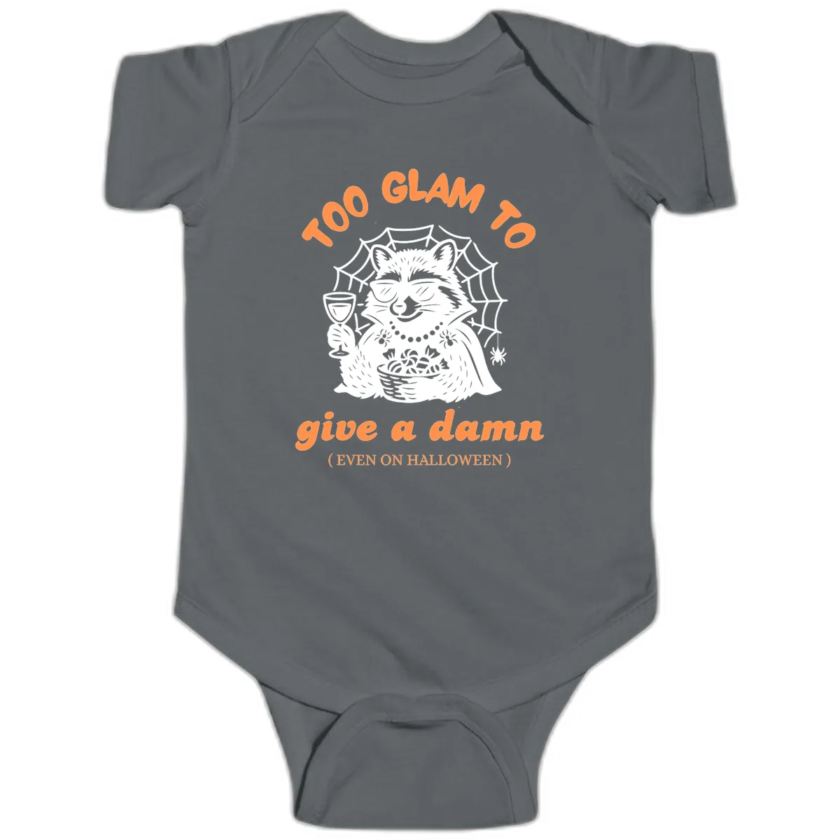 Glam Raccoon Halloween Shirt Baby Onesie in Charcoal