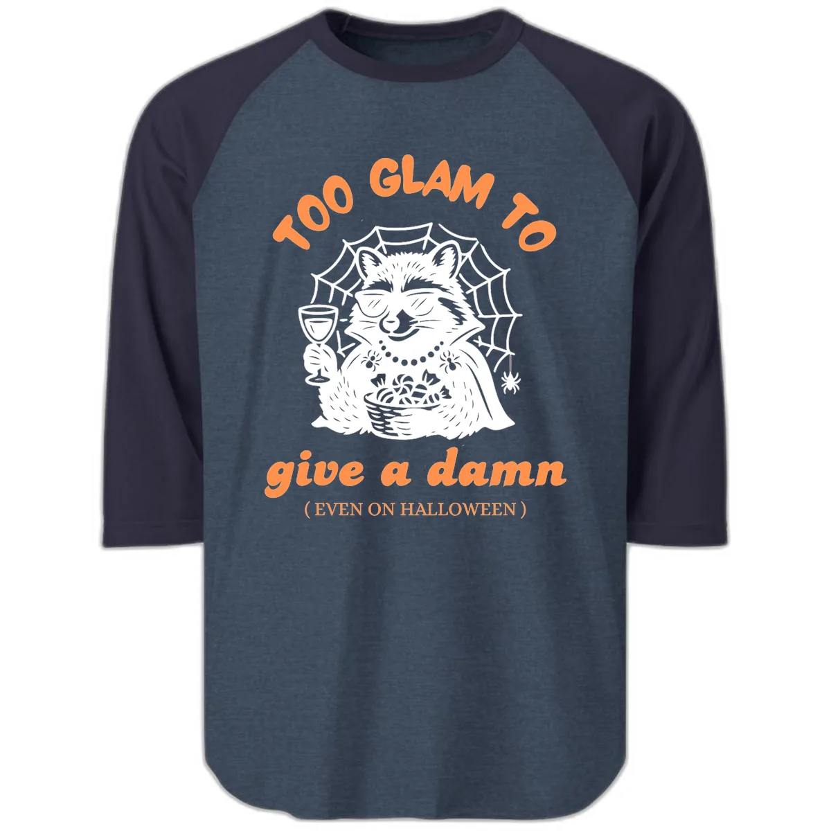 Glam Raccoon Halloween Shirt Raglan 3/4 in Heather Denim Navy
