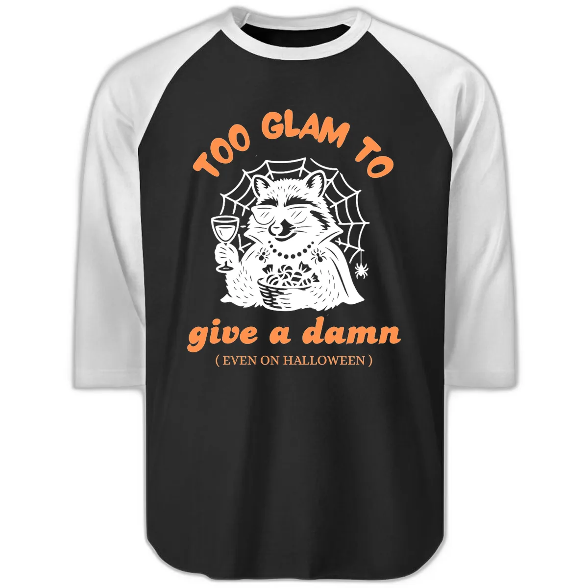 Glam Raccoon Halloween Shirt Raglan 3/4 in Black White