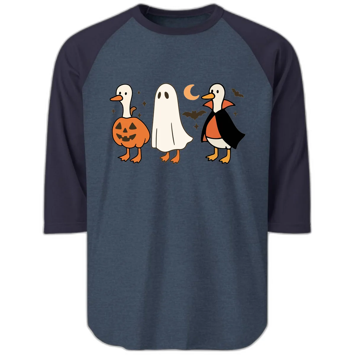 Halloween Duck Costumes And Pumpkin Raglan 3/4 in Heather Denim Navy