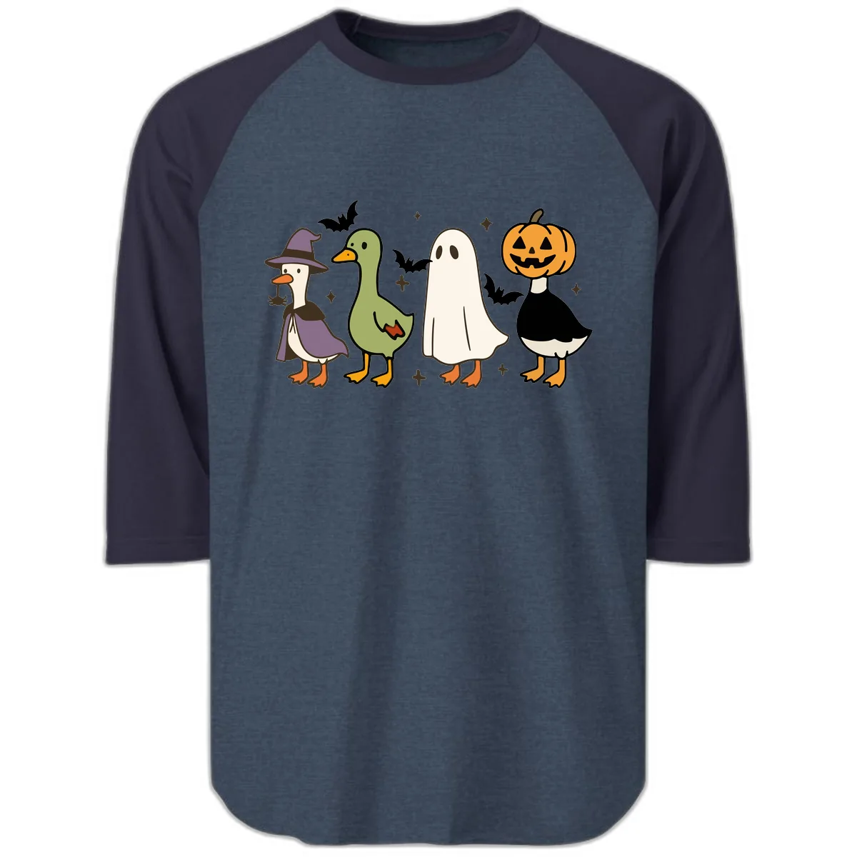 Halloween Animals Trick-or-Treat Raglan 3/4 in Heather Denim Navy