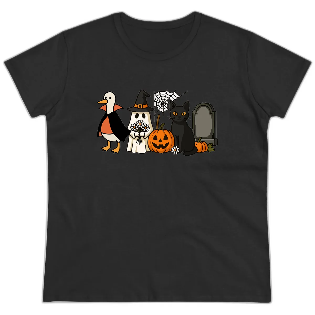 Halloween Spooky Friends Gather Ladies Tee in Black