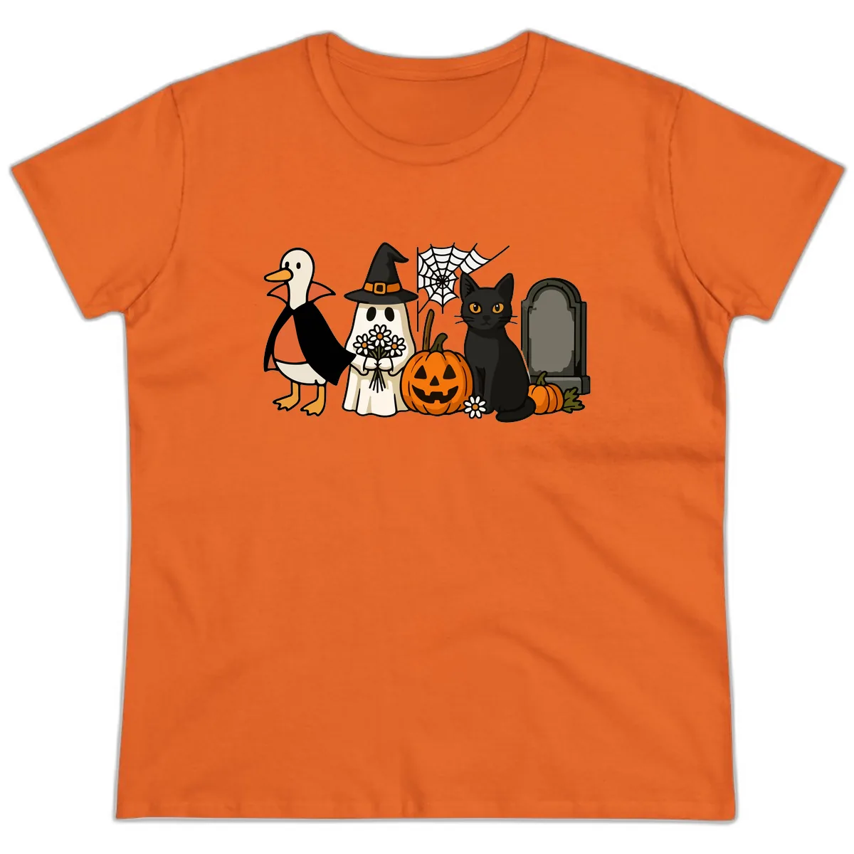 Halloween Spooky Friends Gather Ladies Tee in Orange