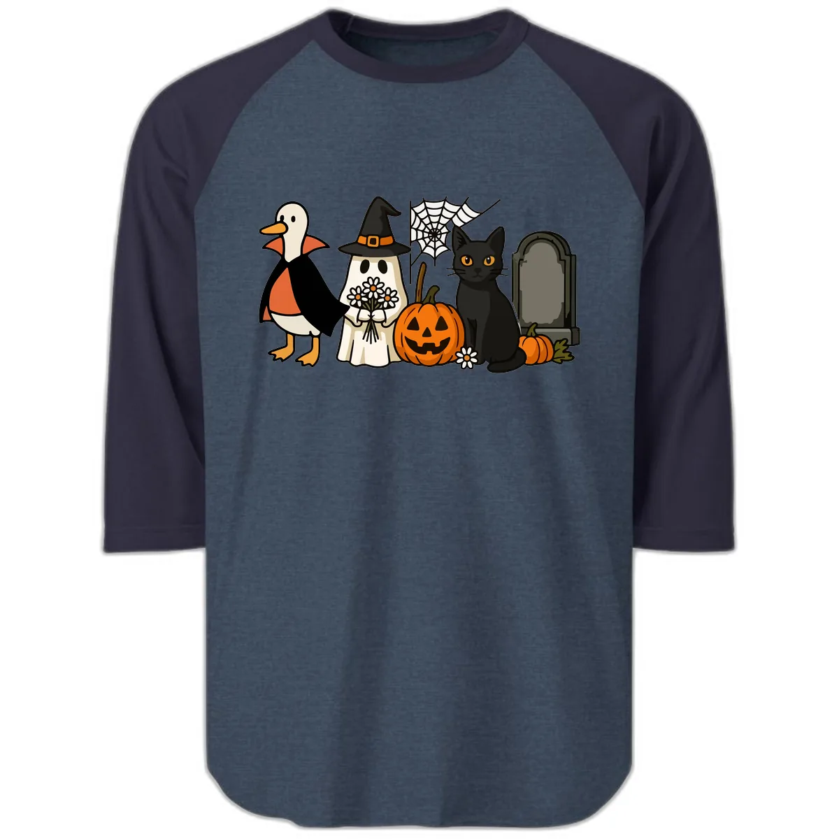 Halloween Spooky Friends Gather Raglan 3/4 in Heather Denim Navy
