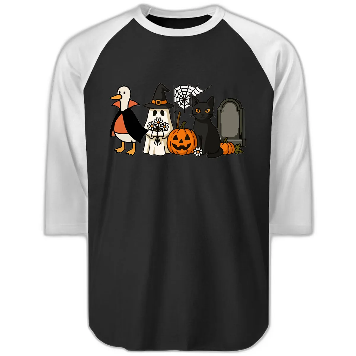 Halloween Spooky Friends Gather Raglan 3/4 in Black White