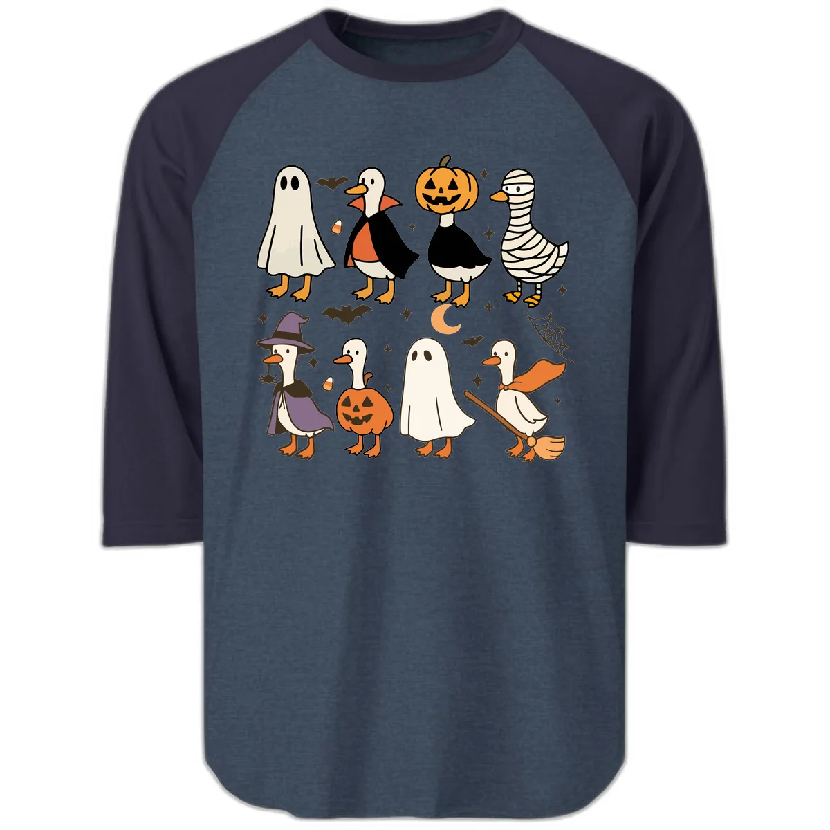 Funny Halloween Ducks Costume Collection Raglan 3/4 in Heather Denim Navy