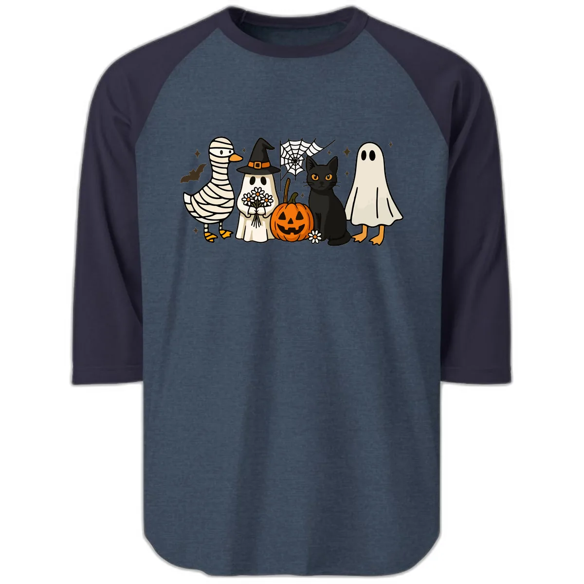 Spooky Halloween Friends Gathering Raglan 3/4 in Heather Denim Navy