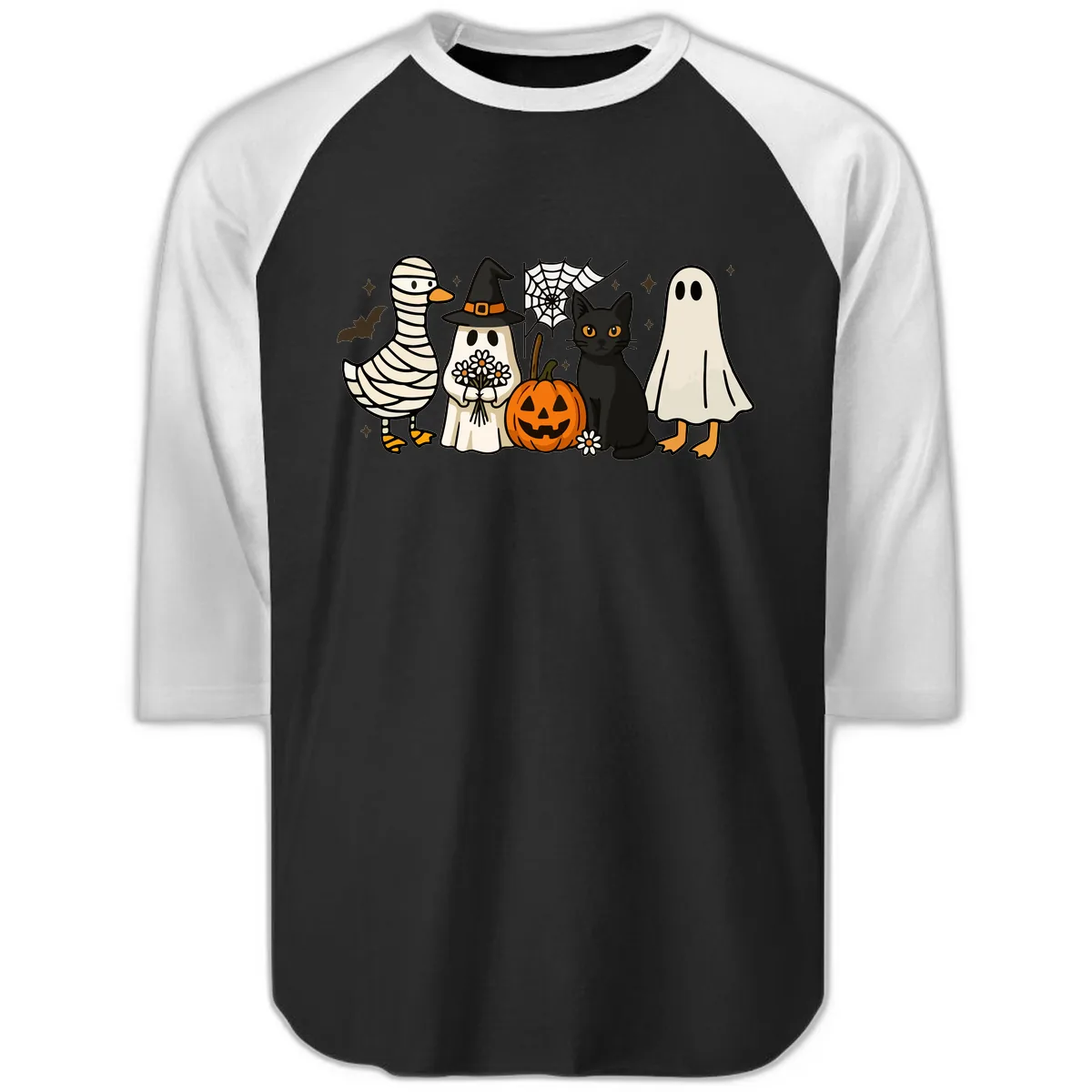 Spooky Halloween Friends Gathering Raglan 3/4 in Black White