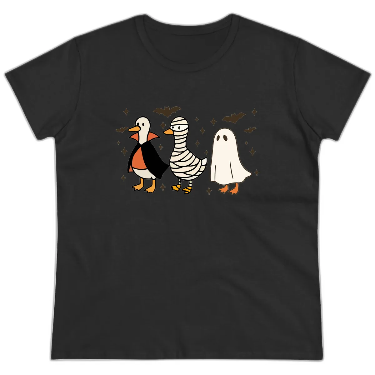 Ducks in Halloween Costumes Trio Ladies Tee in Black