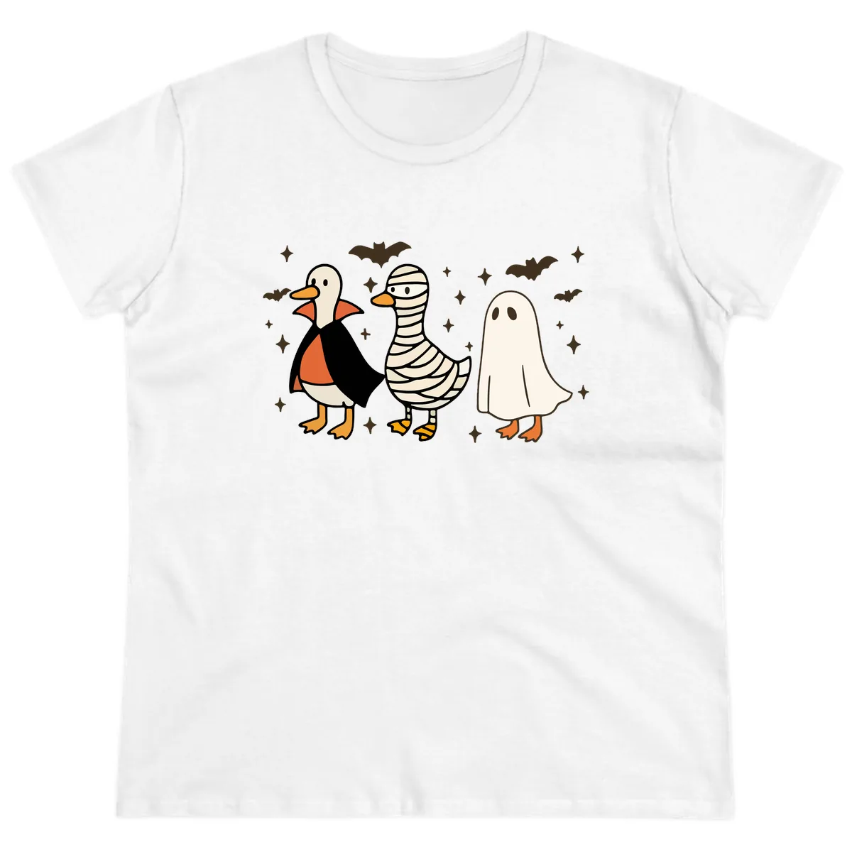 Ducks in Halloween Costumes Trio Ladies Tee in White