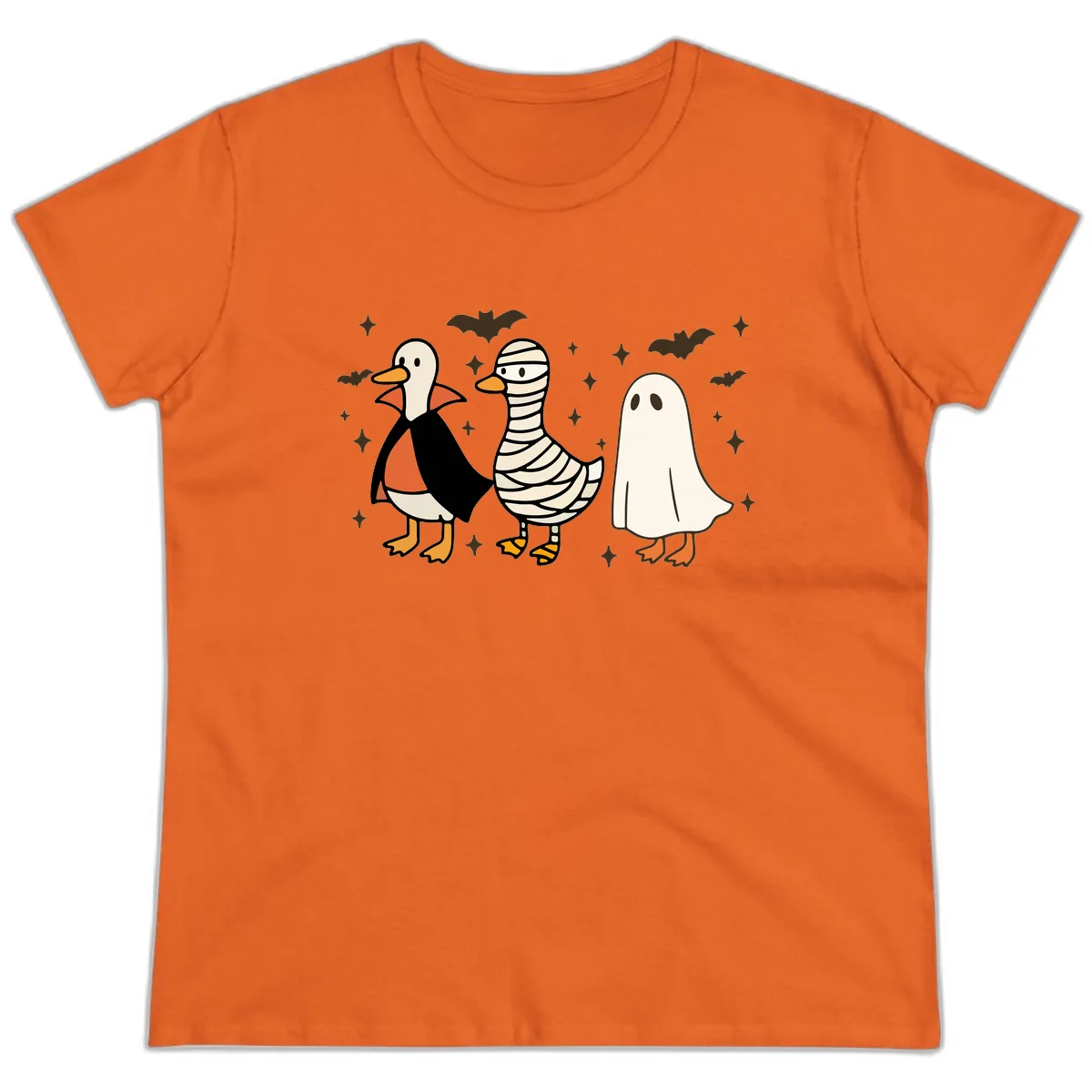 Ducks in Halloween Costumes Trio Ladies Tee in Orange