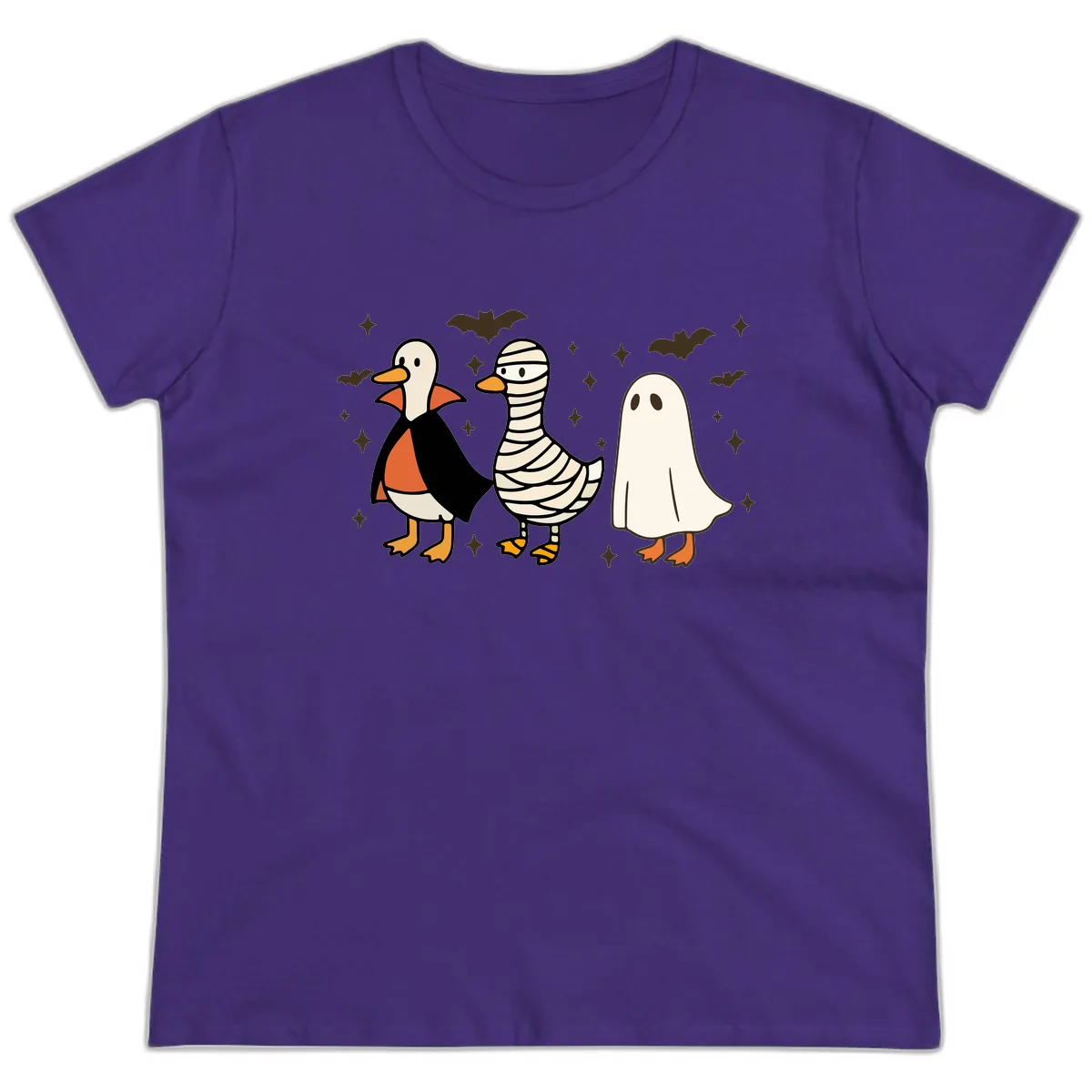 Ducks in Halloween Costumes Trio Ladies Tee in Purple