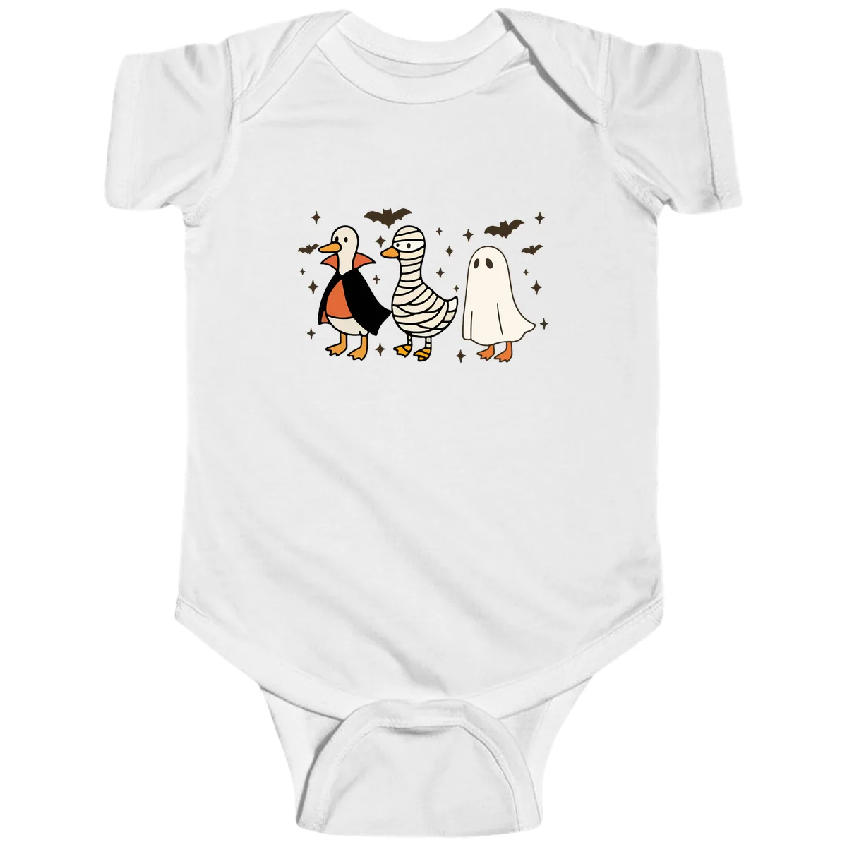 Ducks in Halloween Costumes Trio Baby Onesie in White