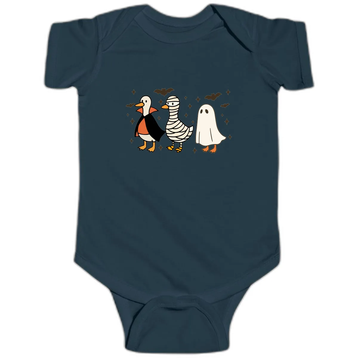 Ducks in Halloween Costumes Trio Baby Onesie in Navy