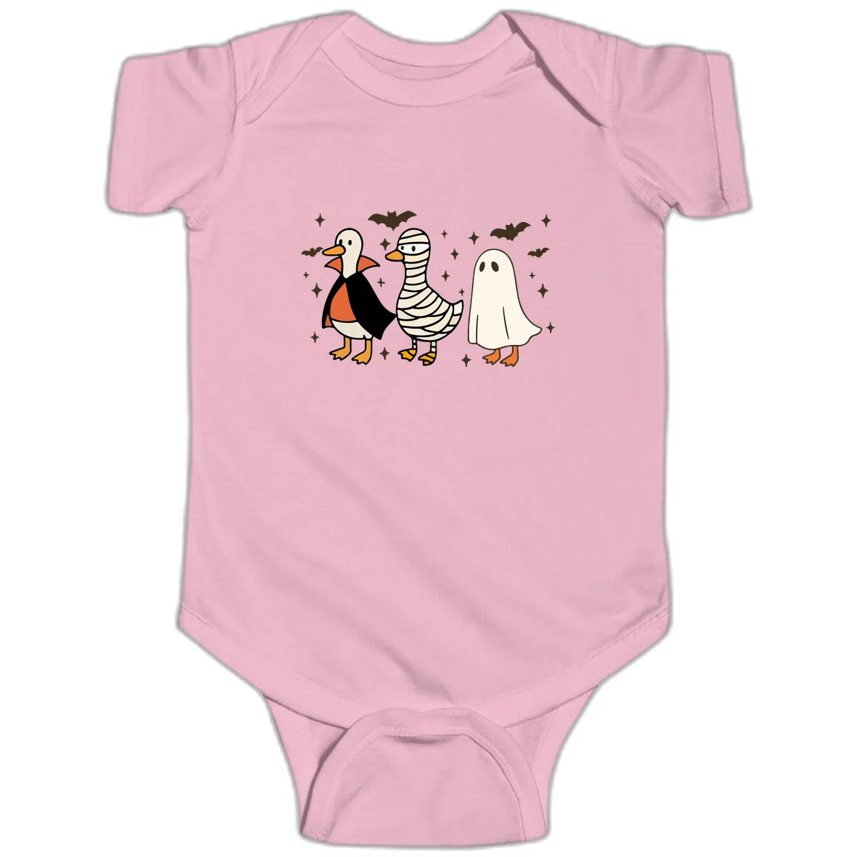 Ducks in Halloween Costumes Trio Baby Onesie in Pink
