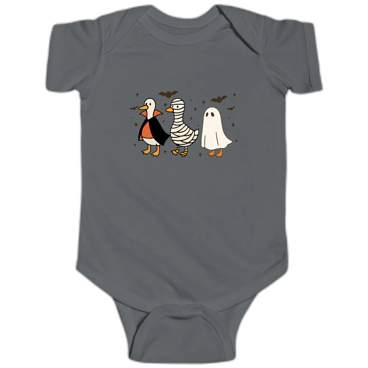 Ducks in Halloween Costumes Trio Baby Onesie in Charcoal